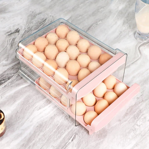 Pink Plastic Egg Holder For Fridge 2 Layer Drawer Style Egg Storage Box With Handles Stackable Tray Holds 40 Eggs BPA Free