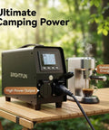 Plug And Play 3KW V2L Power Adapter Gun For Tesla Model 3 Y S X With Clear Lcd Display And Heavy Duty Battery Guard To Keep Your Rig Fully Juiced On Road Trips on a wooden table beside an espresso machine.