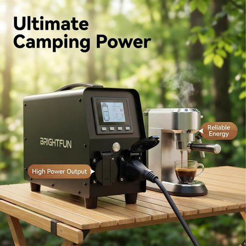 Plug And Play 3KW V2L Power Adapter Gun For Tesla Model 3 Y S X With Clear Lcd Display And Heavy Duty Battery Guard To Keep Your Rig Fully Juiced On Road Trips on a wooden table beside an espresso machine.