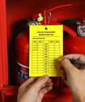 Top Shelf 50 Pack Fire Extinguisher Inspection Tags With Four Year Monthly Record Log for safety checks, displaying inspection schedule.