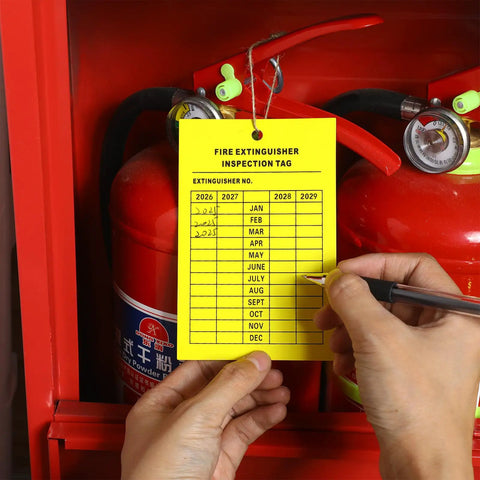 Top Shelf 50 Pack Fire Extinguisher Inspection Tags With Four Year Monthly Record Log for safety checks, displaying inspection schedule.