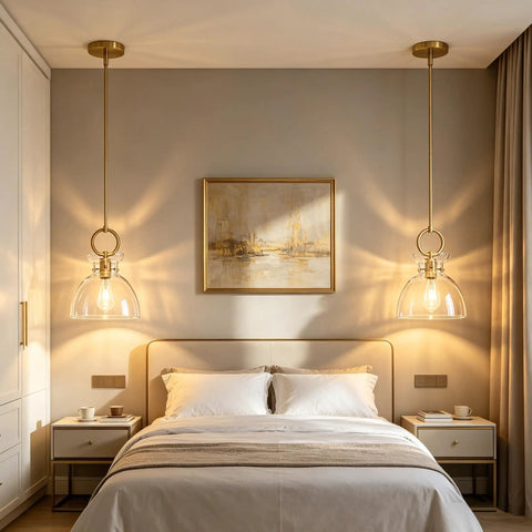 Super Sleek Brushed Gold Pendant Light For Kitchen Island Featuring Fully Adjustable Hanging Cord And Large Clear Glass Shade in bedroom.