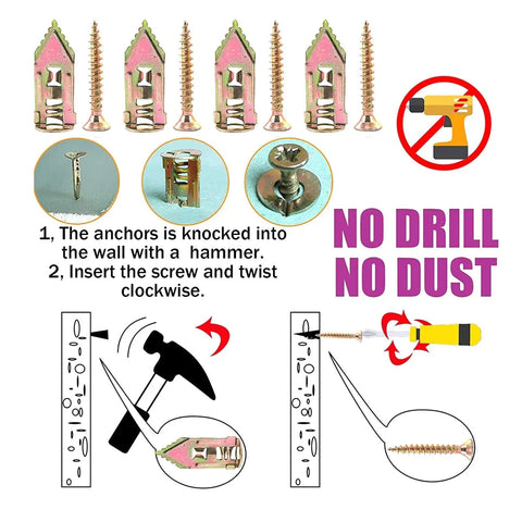 50 Piece Self Drilling Drywall Screws Anchor Kit With Yellow Zinc Plated Carbon Steel Wall Plugs Dowel Set For Quick No Prep Install And Solid Home DIY Shelving Pictures And Decor, self-drilling anchors with screws