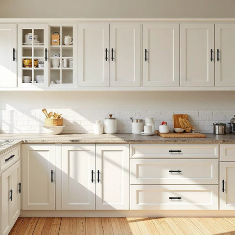 Matte Black Cabinet Pulls 5 Pack With 2.5 Inch Hole Centers installed on white kitchen cabinets and drawers.