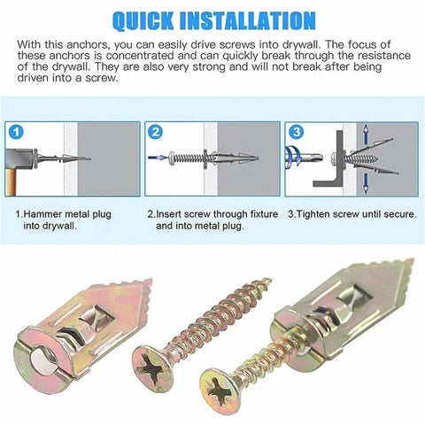 Self-Tapping Drywall Anchor Kit With Expansion Screws For Gypsum Board Walls No Pre-Drill Install Heavy Duty Wall Fixer Rust-Resistant Yellow Zinc Plated Carbon Steel Secure Mounts For Home And Office, 200-piece kit