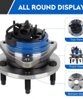Alt Tag: Front Wheel Bearing Hub Assembly Fits Chevy Malibu 2004 2012 Cobalt 2008 2010 HHR 2008 2010 Pontiac G6 2005 2010 Saturn Aura 5 Lug With ABS Sensor Included 1 Pc top, front, and bottom view