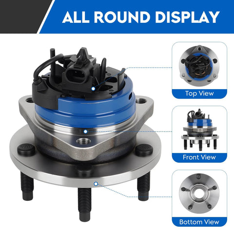 Alt Tag: Front Wheel Bearing Hub Assembly Fits Chevy Malibu 2004 2012 Cobalt 2008 2010 HHR 2008 2010 Pontiac G6 2005 2010 Saturn Aura 5 Lug With ABS Sensor Included 1 Pc top, front, and bottom view