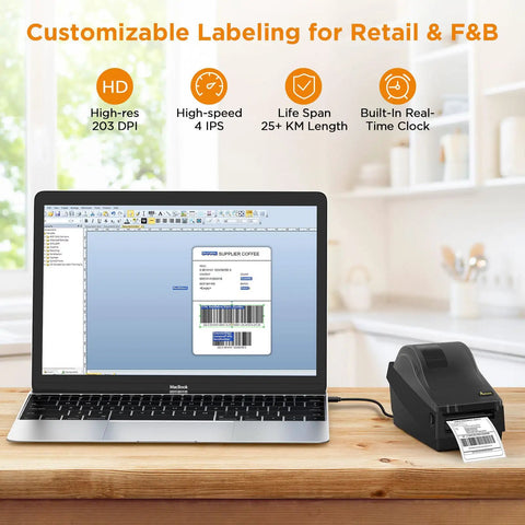 Direct Thermal Label Printer 2 Inch Wide For Barcode Stickers And QR Codes connected to a MacBook on wooden table.