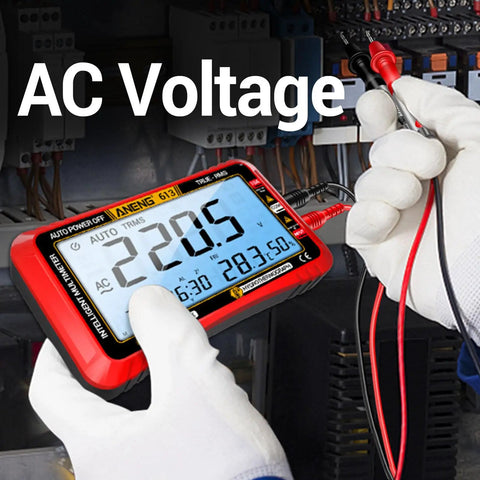 Hand holding Auto Ranging Digital Multimeter With Large LCD Display And 4000 Count Voltage Tester TRMS Volt Meter showing AC voltage