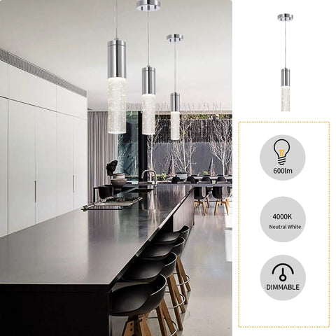 Dope Polished Chrome Bubble Glass Mini Pendant Lights Set With Integrated LED Dimmable Modern Contemporary Kitchen Island Hanging Fixtures One Light Per Pendant Two Pack displayed above kitchen island