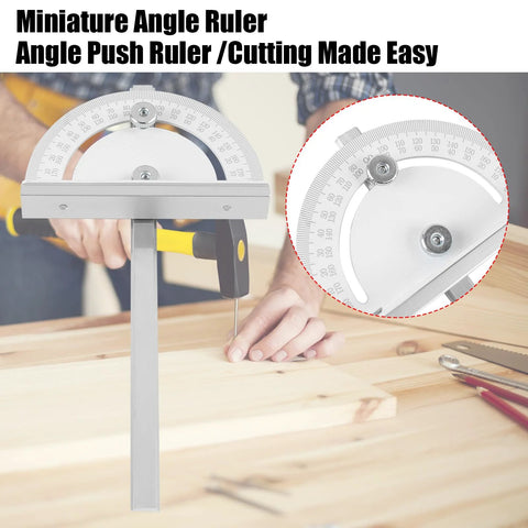 Front view of a TRUTOPWAY miter angle measuring tool with circular protractor on a metal stand, used for woodworking.