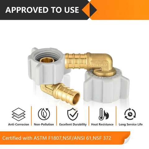 Ten Piece PEX Fittings Set With Brass Crimp Fittings For One Half Inch PEX To One Half Inch Female NPT Swivel Elbow For Potable Water Certified To ASTM F1807 And NSF ANSI 61 Lead Free, brass elbow fitting