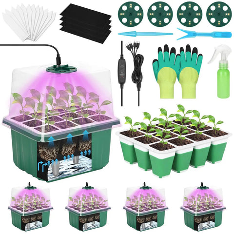 4 Pack Self Watering Seed Starter Trays With Grow Light Kit and accessories, including tools and gloves for indoor germination.