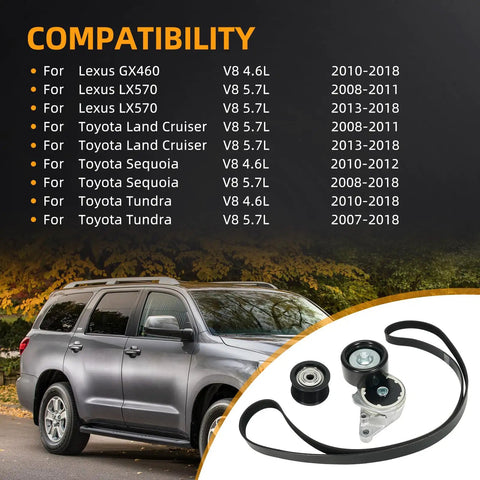 Beefed-Up Serpentine Belt Tensioner Kit With Idler Pulley And V Ribbed Belt for Toyota and Lexus SUVs compatibility chart