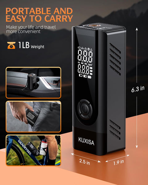 Black Portable Tire Inflator Air Compressor With Digital Pressure Gauge, 180 PSI, 3X Faster Inflation, compact design.