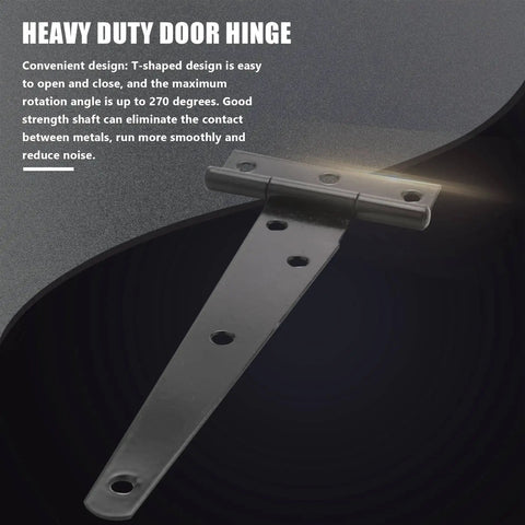 Close-up of Heavy Duty 6 Inch T Strap Door Hinges Set of 4 for Sheds and Gates Tuff Tee Hinge Hardware in black finish