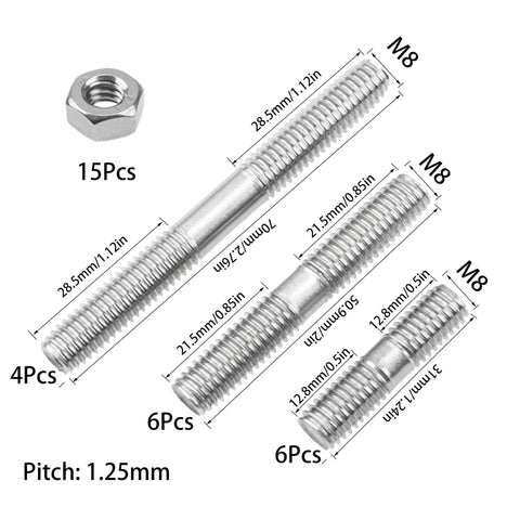 Image of Beefy 16 Piece 304 Stainless Steel Double End Stud Bolts Kit with Nuts, M8 threads, showing 30mm, 50mm, 70mm sizes.