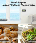 Smart digital indoor/outdoor thermometer installed on a wall by a window; dual Fahrenheit/Celsius display.