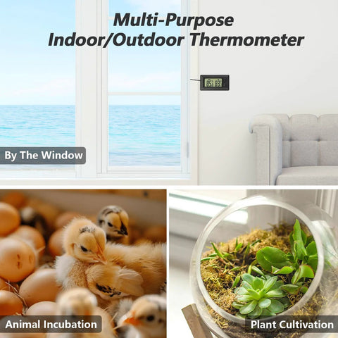 Smart digital indoor/outdoor thermometer installed on a wall by a window; dual Fahrenheit/Celsius display.