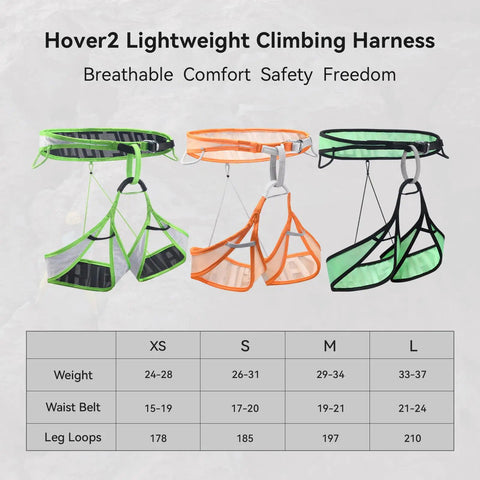 Go-To Ultralight Mountaineering Harness For Rock Climbing And Skiing in green and orange with size chart