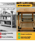Comparison of table without and with Beefy 8 Pack Workbench Corner Brackets Kit For DIY Tables And Shelves, showing improved stability.