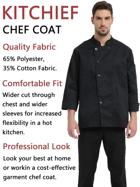 Straight Fire Kickass Chef Coat Black Long Sleeve Kitchen Workwear Breathable Restaurant Uniform For Culinary Crews worn by a male model