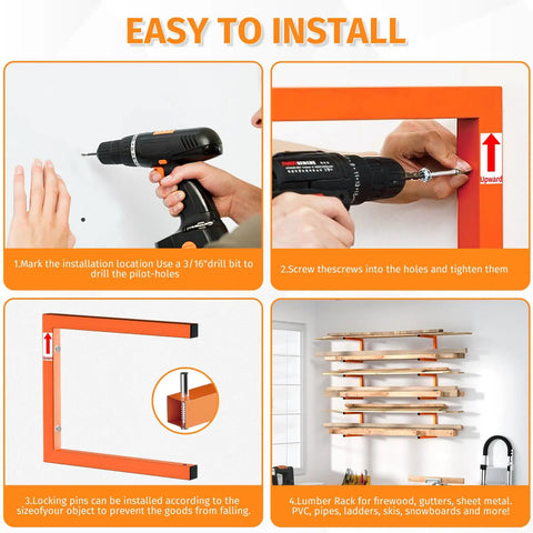 Installation steps of Heavy Duty 6 Tier Wall Mount Lumber Storage Rack Badass Steel Wood Rack, showcasing tools and assembly process.