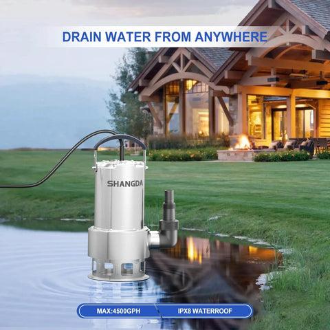 1 HP Submersible Sump Pump, 4500 GPH Water Transfer Pump with Stainless Steel Build near house by pond