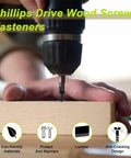 Size 4 Wood Screws Assortment Kit 500 Piece Flat Head 304 Stainless Steel Fasteners For Woodworking And Home Projects being used with a drill.