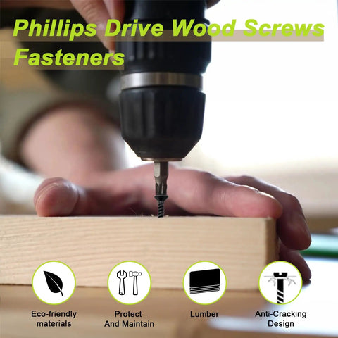Size 4 Wood Screws Assortment Kit 500 Piece Flat Head 304 Stainless Steel Fasteners For Woodworking And Home Projects being used with a drill.