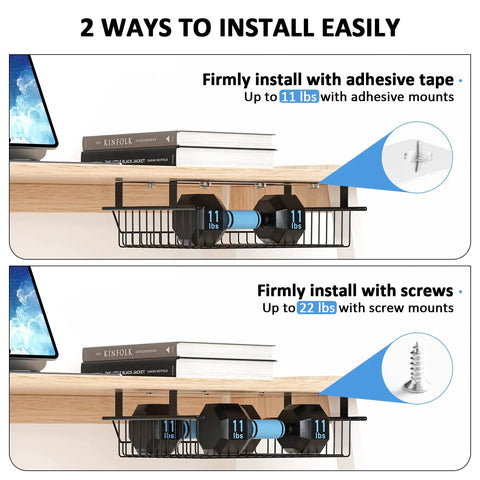 Installation options for Slide Out Under Desk Storage Drawer Metal Cable Management Tray With Self Adhesive Mount No Drill Needed