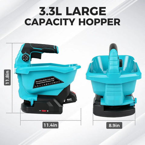 Cordless Power Seed Spreader Handheld With Dual 20V Batteries, 3.3L capacity hopper, product dimensions displayed