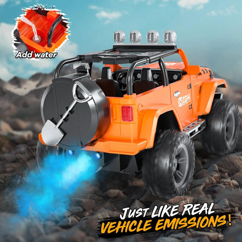 Back view of orange 1:16 Scale Remote Control Jeep With Spray, Lights And Sound, 2.4GHz RC Car for kids, emitting blue mist on gravel.