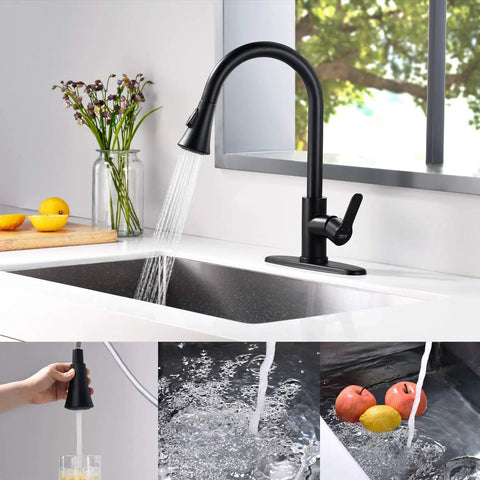 Matte Black Kitchen Faucet With Pull Down Sprayer Stainless Steel Sink Faucet Single Handle 1.8 GPM in use, kitchen setting