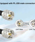 Close-up of Beefy RG58 Coax Cable 3ft 50 Ohm With PL-259 UHF Male Connectors showing linking to UHF Female