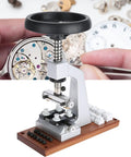 Close-up of Metal Base Watch Case Back Opener Tool Adjustable Bench Fixture for removing oyster screw down lids on watches.
