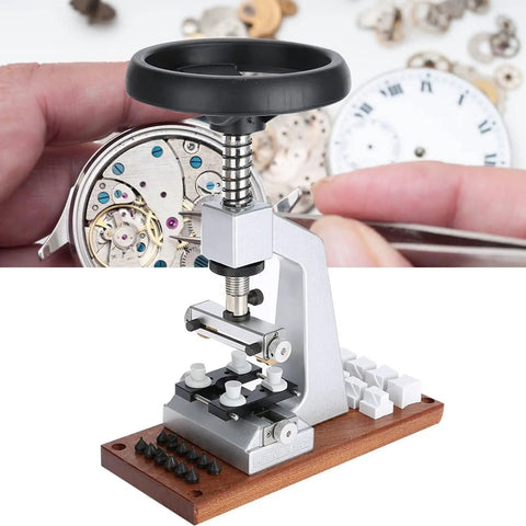 Close-up of Metal Base Watch Case Back Opener Tool Adjustable Bench Fixture for removing oyster screw down lids on watches.