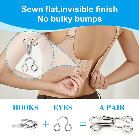 Top Shelf 100 Pair Metal Hook And Eye Fasteners With Hidden Sewing Closures In Black And Silver Rustproof garment closures demonstrated on a bra.