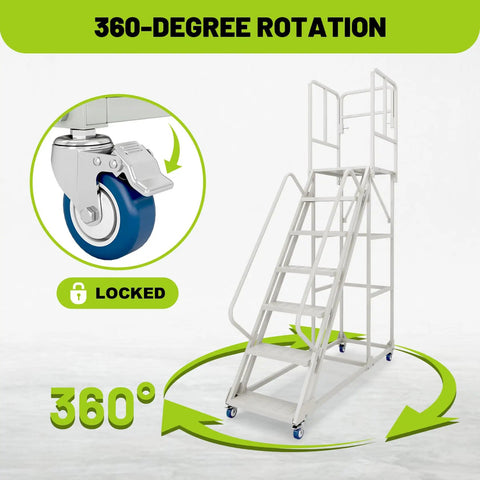 Pro Grade Seven Step Rolling Ladder With Full Handrails, Heavy Duty Steel Platform Cart For Garage Or Warehouse, Ironclad Workhorse Built Tough To Handle Fifteen Hundred Pounds Daily