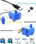 Cat Water Fountain Pump Submersible USB 5V, Ultra Quiet No Fuss Auto Shut Off, featuring water level sensor and USB connector