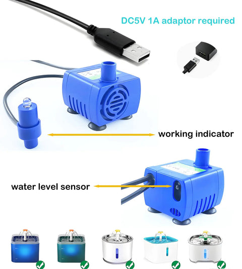 Cat Water Fountain Pump Submersible USB 5V, Ultra Quiet No Fuss Auto Shut Off, featuring water level sensor and USB connector