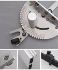 Real Deal Adjustable Miter Gauge For Table Saw With Easy No Sweat Angle Adjustments And Hella Solid Aluminum Guide Knob For Pro Woodworking showing aluminum body with angle markings.