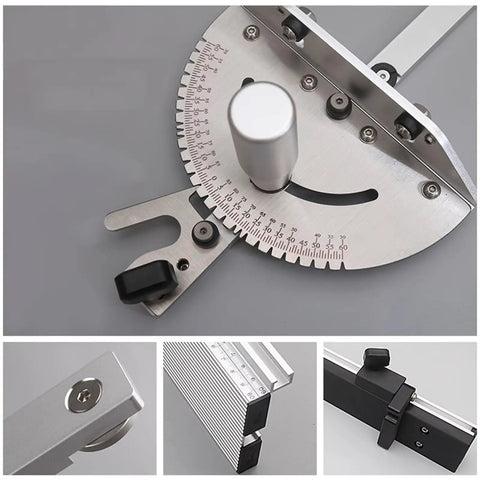 Real Deal Adjustable Miter Gauge For Table Saw With Easy No Sweat Angle Adjustments And Hella Solid Aluminum Guide Knob For Pro Woodworking showing aluminum body with angle markings.