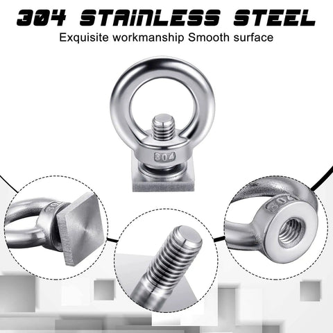 Close-up of Six Piece M8 T Slot Bolt Kit With Heavy Duty Eye Bolts And T Track Mount Anchors, 304 Stainless Steel T Nut.