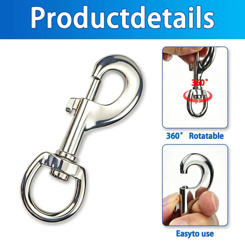 3.2 Inch Swivel Snap Hooks 2 Pack Stainless Steel Trigger Clips, showing close-up of 360-degree rotation feature.