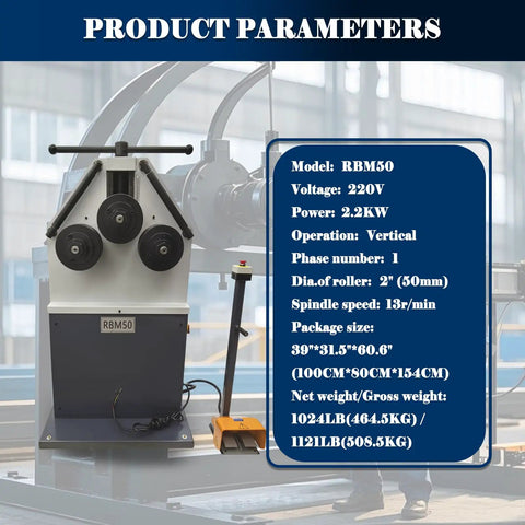 Heavy Duty Workhorse Electric Roll Bender For Steel And T Bars Industrial Three Roller Metal Round Bender With Foot Switch Control displayed with specifications.