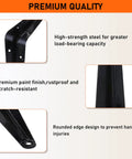 Hella Sturdy 8 Pack Black Metal L Shelf Brackets Heavy Duty Wall Mount showing high-strength steel and rounded edges for safety.