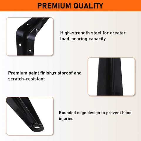 Hella Sturdy 8 Pack Black Metal L Shelf Brackets Heavy Duty Wall Mount showing high-strength steel and rounded edges for safety.