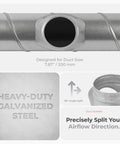 Round 90 Degree Duct Splitter Saddle Takeoff For 8 Inch Duct With 4 Inch Outlet Branch Connector Heavy Duty Galvanized Steel Range Hood Duct Adapter For Supply And Exhaust Ventilation, showing galvanized steel construction with airflow direction indicator.