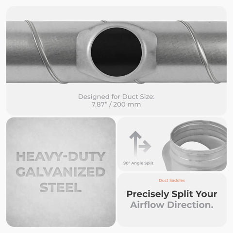 Round 90 Degree Duct Splitter Saddle Takeoff For 8 Inch Duct With 4 Inch Outlet Branch Connector Heavy Duty Galvanized Steel Range Hood Duct Adapter For Supply And Exhaust Ventilation, showing galvanized steel construction with airflow direction indicator.